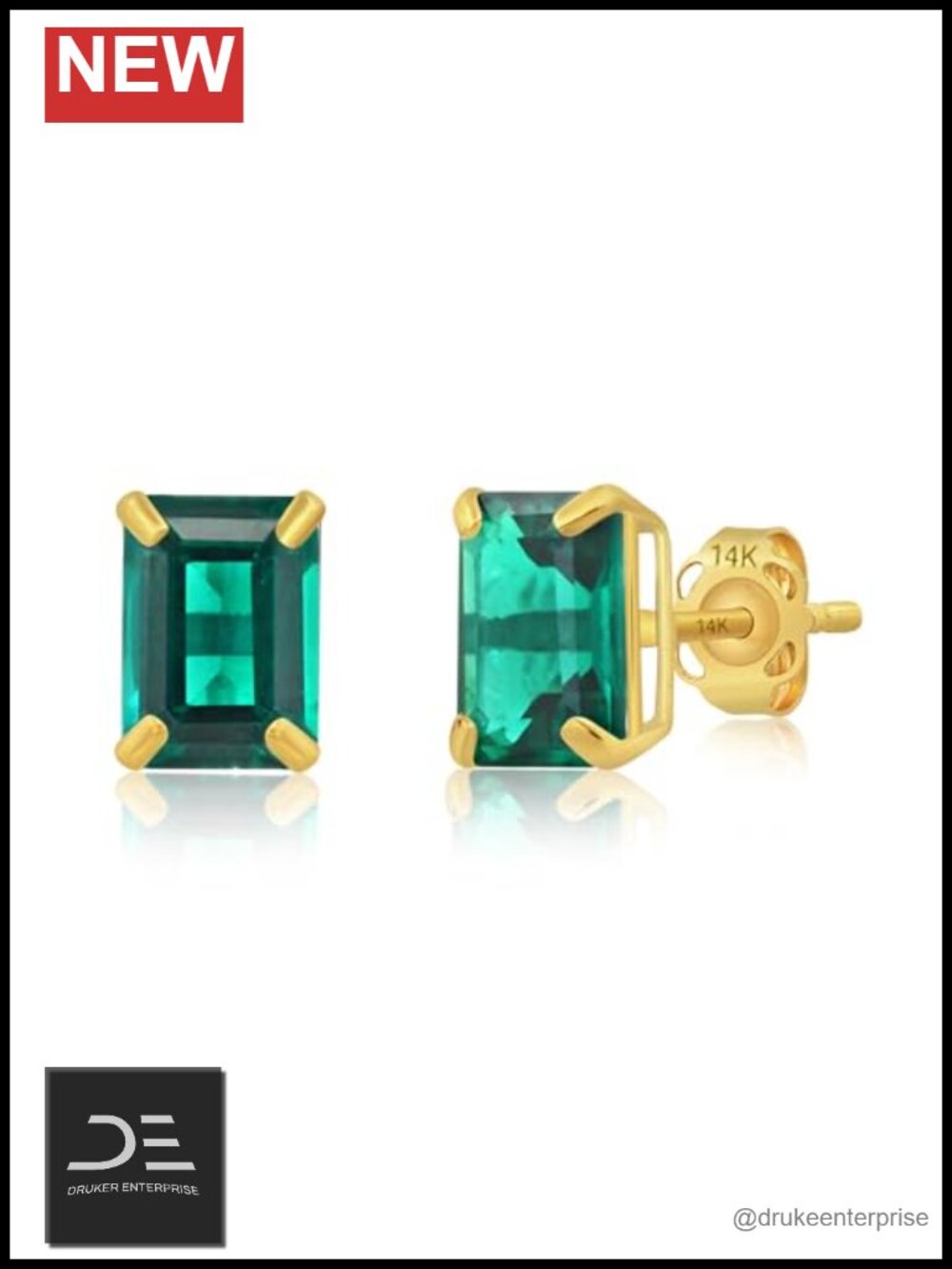 14k Gold Stud Earrings Lab Created Emerald Gemstone 7x5mm Birthstone